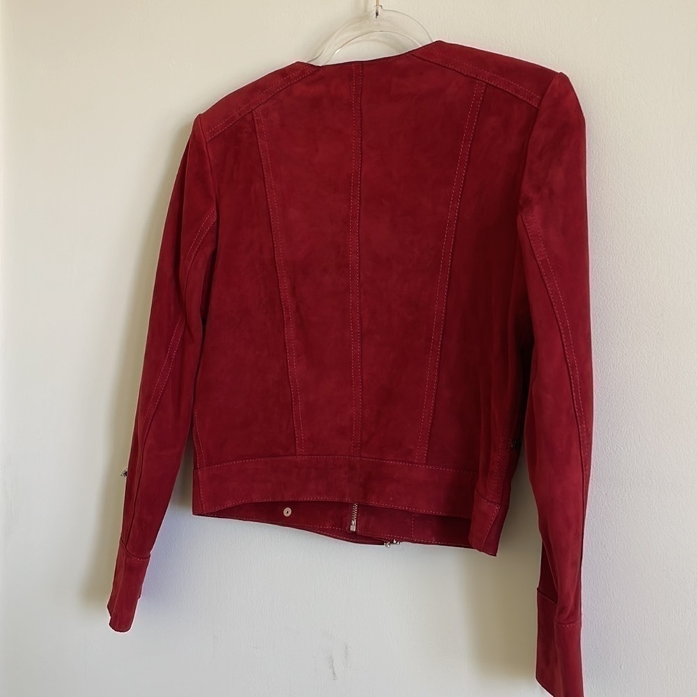IRO Tatiana Red Suede Leather Jacket Silver Zippers Buckle Belt Fall Size 8 (40) - Picture 11 of 13